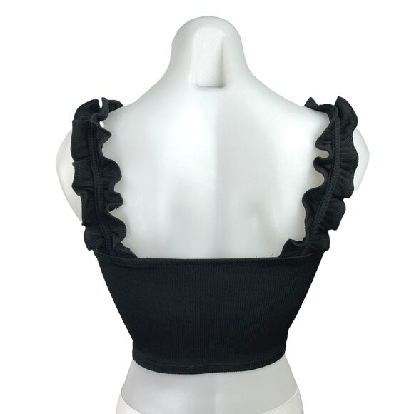Zara Black Ribbed Knit Square Neck Ruffle Strap Sleeveless Tank Crop Top Size S - Picture 2 of 4